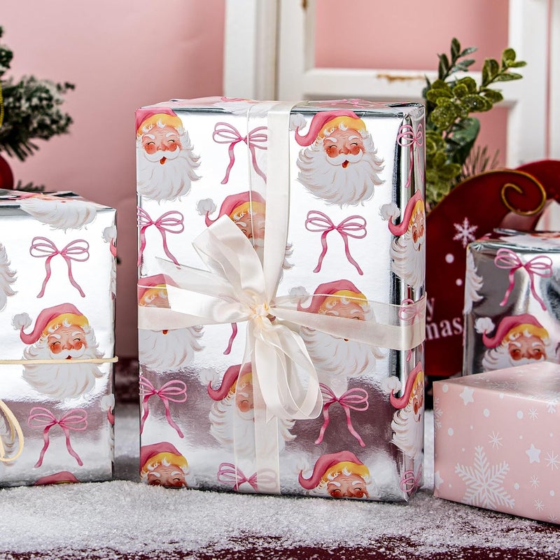 MAYPLUSS Christmas Wrapping Paper Roll - 17 Inch X 33 Feet - Pink Cute Bow Santa Claus Reversible Snowflake Gift Wrapping Paper, Thick Wrap Paper for Holiday Party New Year Kids - Image 5